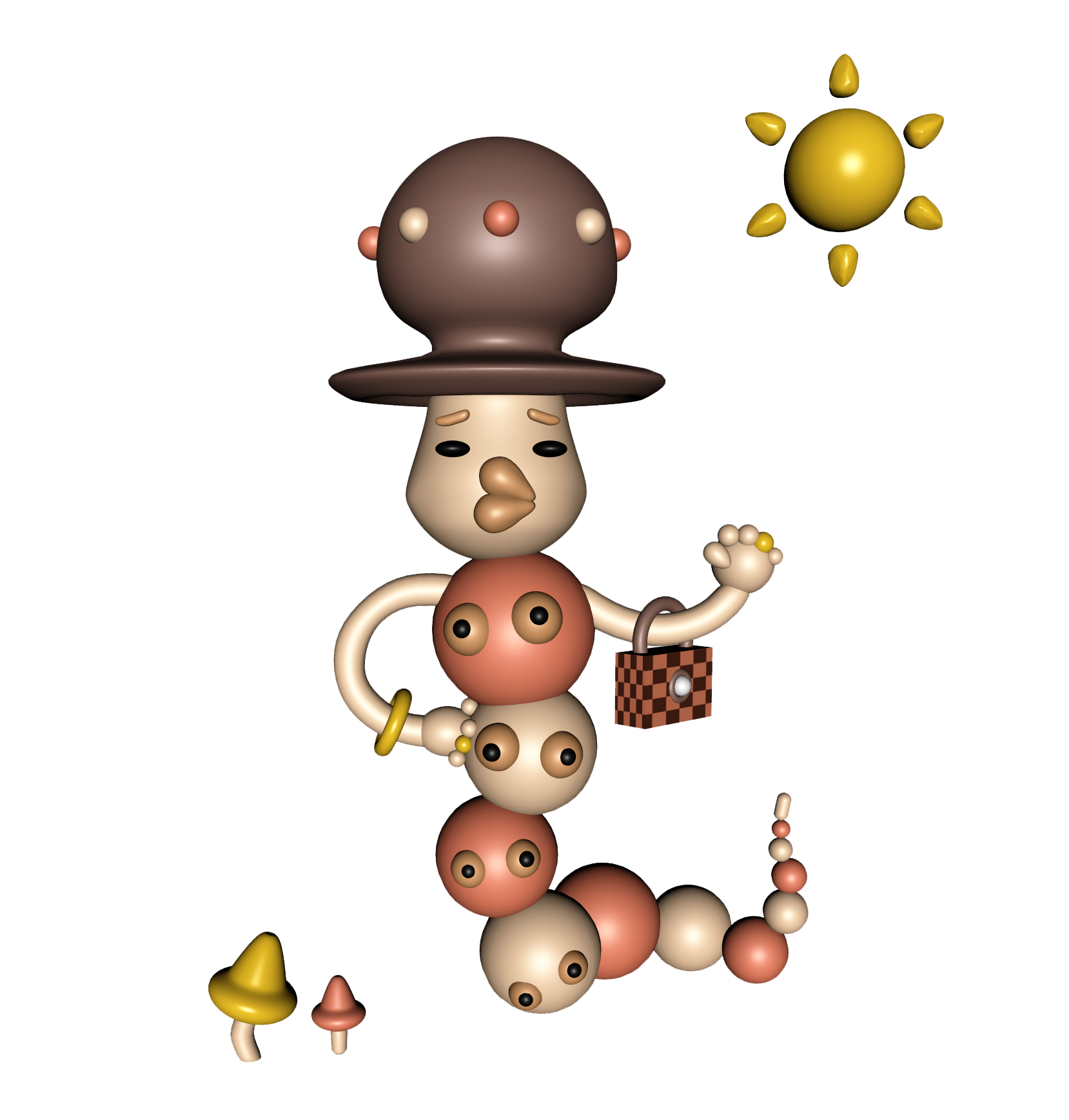 Stylized 3D character of a worm with a dramatic hat and matching purse in the sun